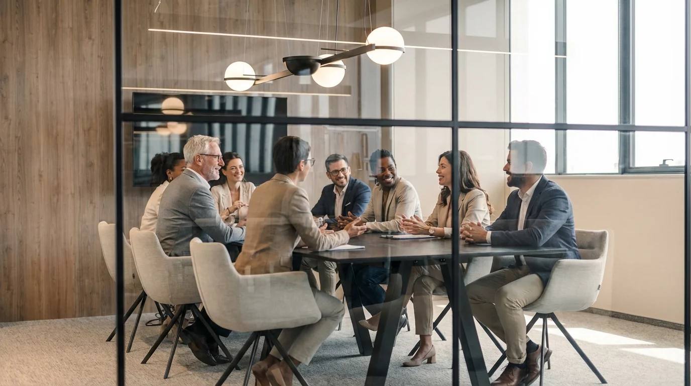 Ein Team tauscht sich an einem Tisch in einem hellen, holzverkleideten Besprechungsraum aus.