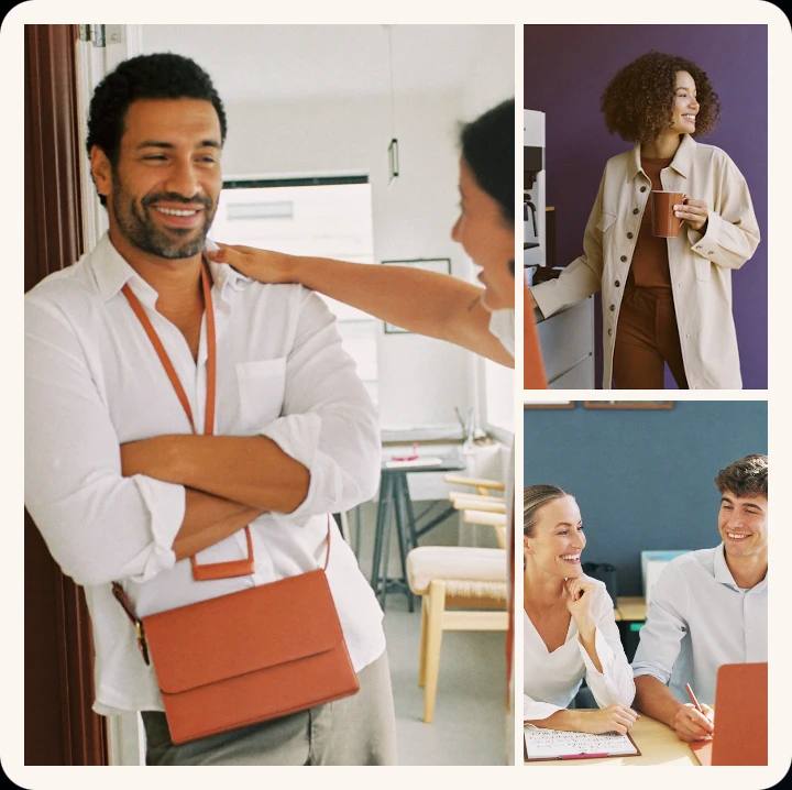Collage aus drei Aufnahmen von Gesprächen im Büro