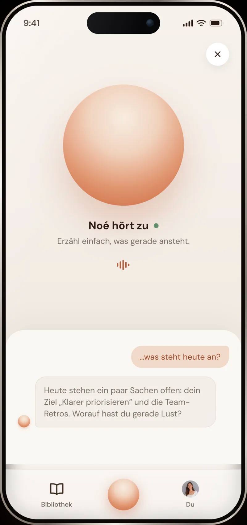 The Noesia app on a phone, showing a conversation with Noé.