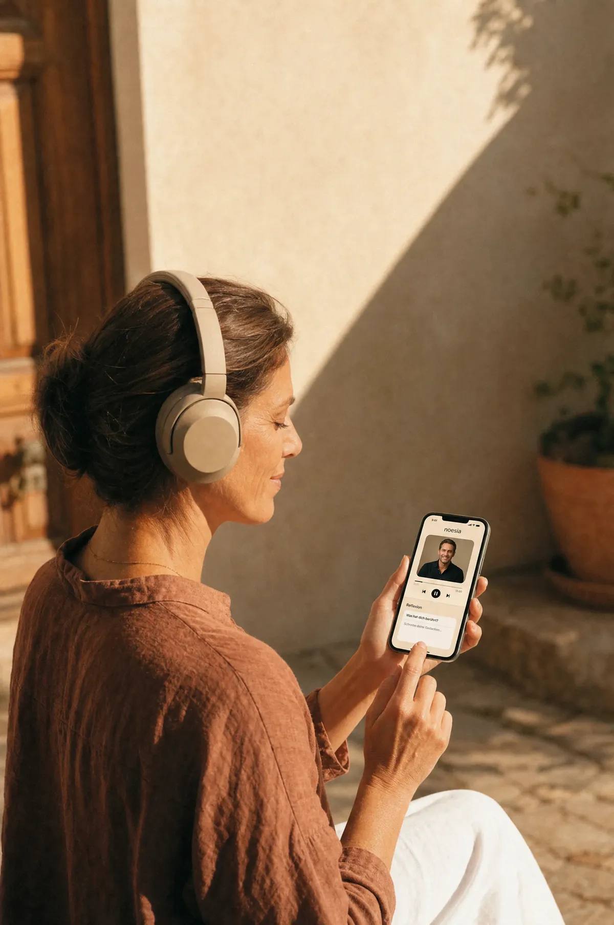 A person wearing headphones holding a phone with the Noesia app open.