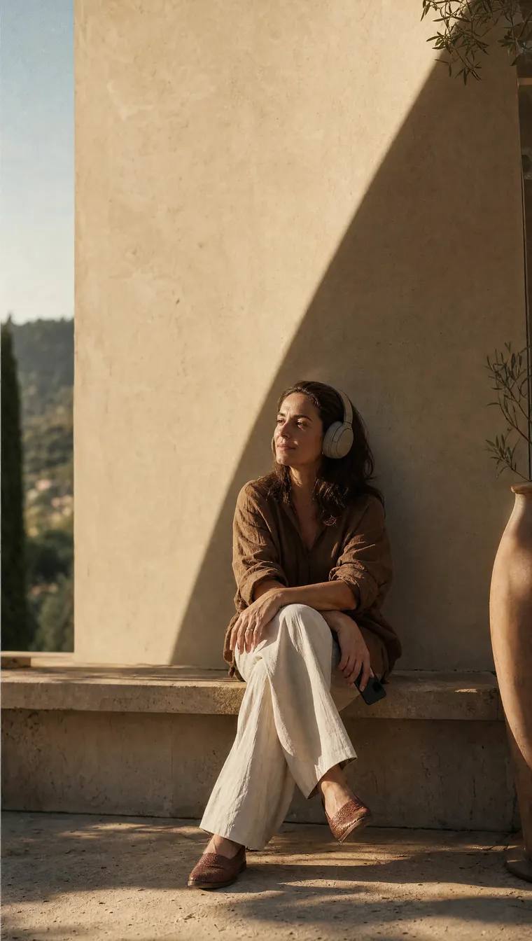 A person sitting with headphones in a quiet setting.