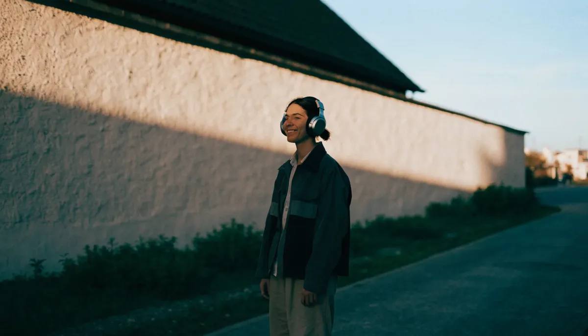 A person wearing headphones stands against a sunlit wall, listening.